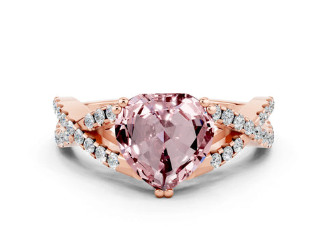 Rose gold Heart Cut Morganite Solitaire Ring with Four-Prong Setting and Twisted Pavé Band