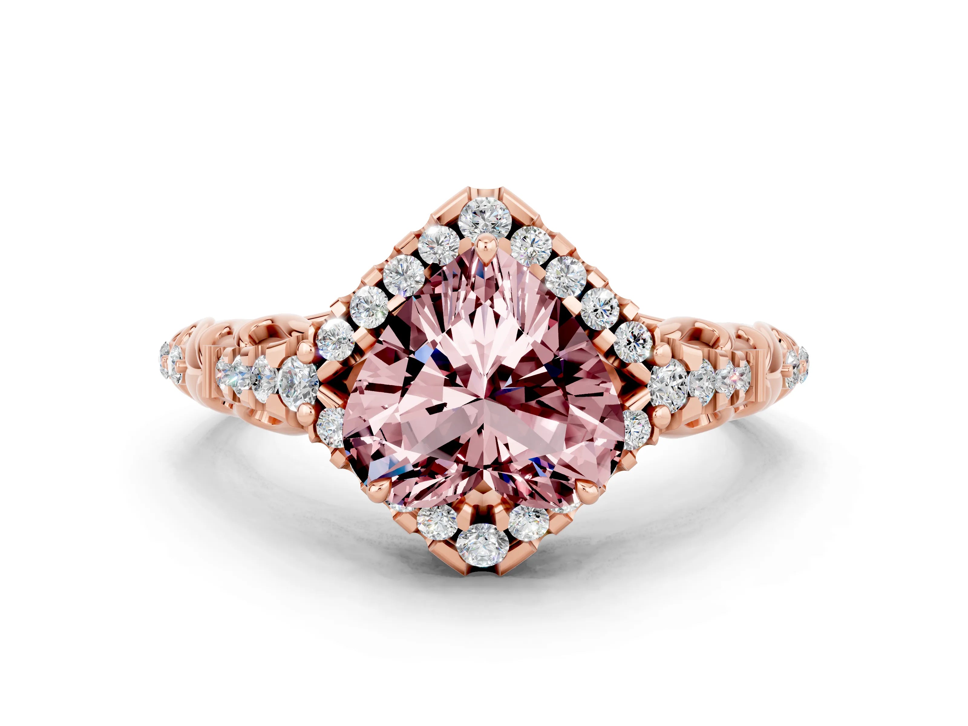 Rose gold Heart Cut Morganite Solitaire Ring with Hidden Halo and Pavé Band_12