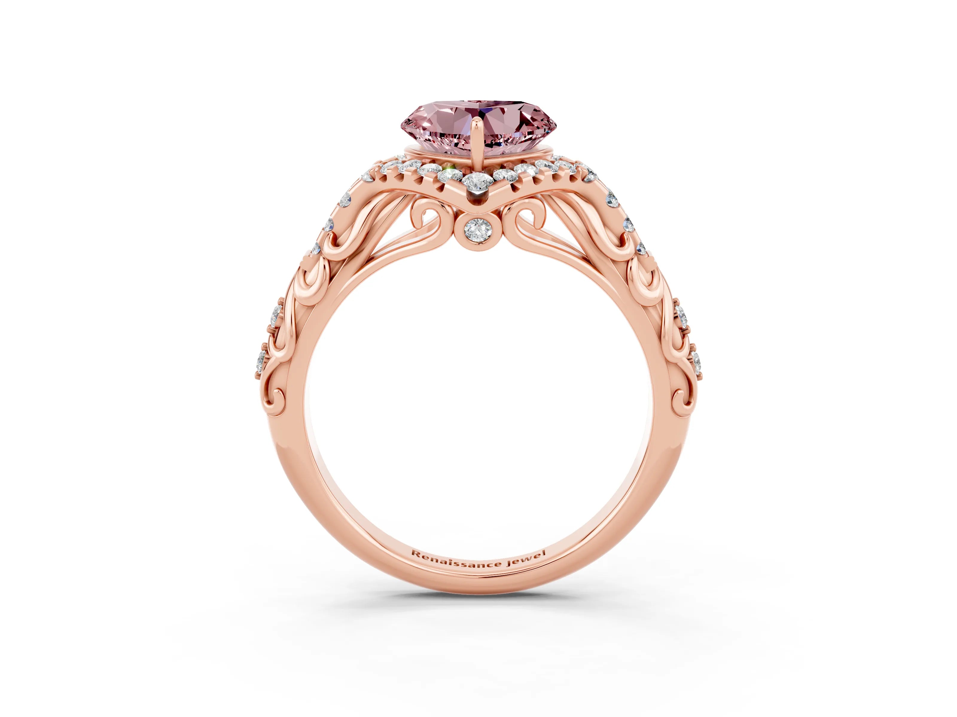 Rose gold Heart Cut Morganite Solitaire Ring with Hidden Halo and Pavé Band_15