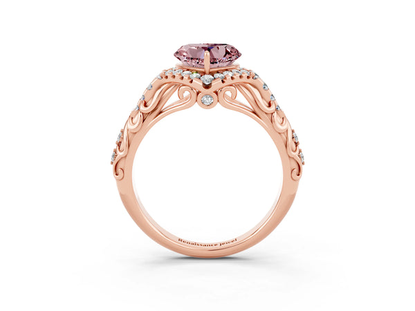 Rose gold Heart Cut Morganite Solitaire Ring with Hidden Halo and Pavé Band