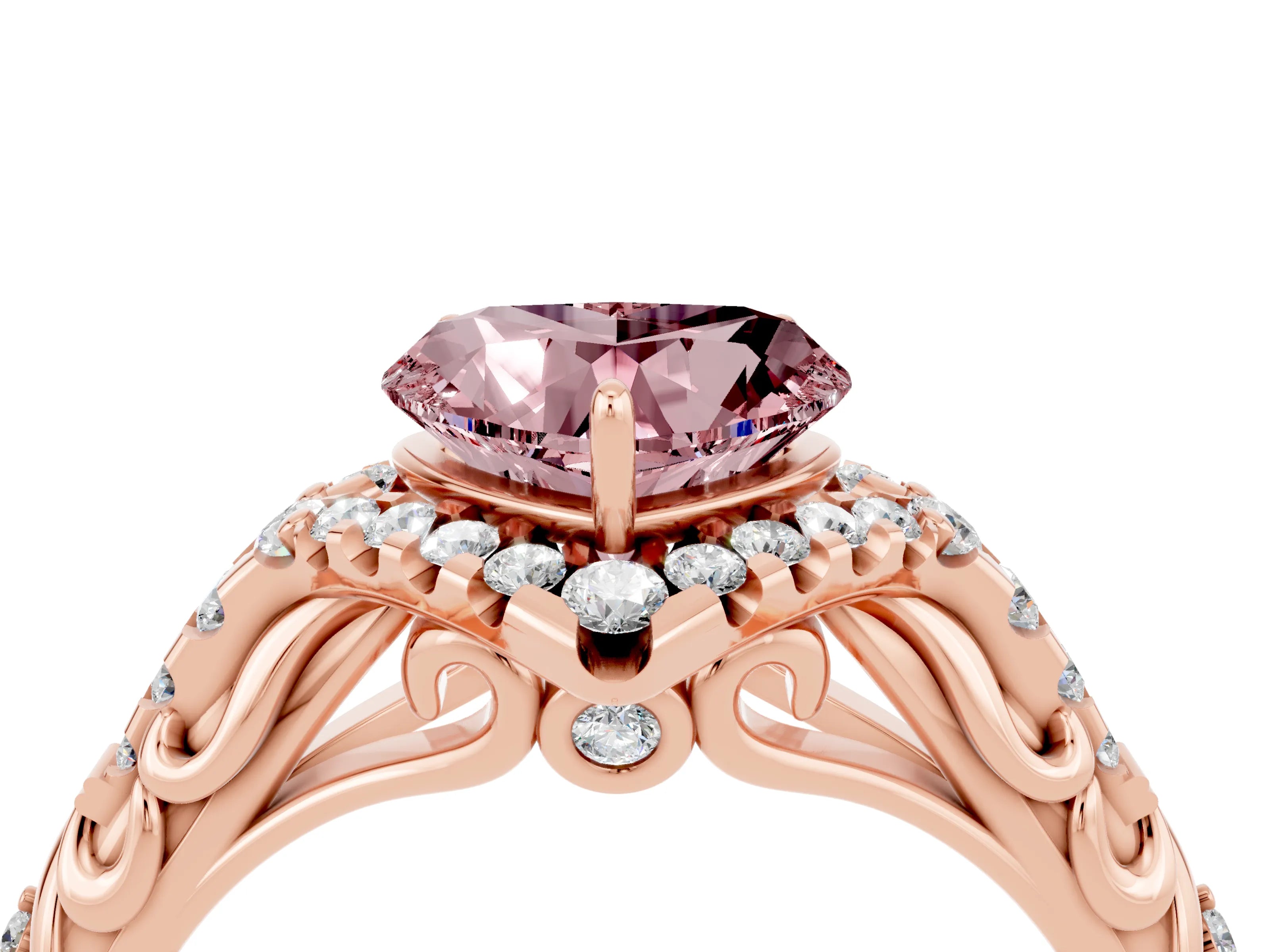 Rose gold Heart Cut Morganite Solitaire Ring with Hidden Halo and Pavé Band_16