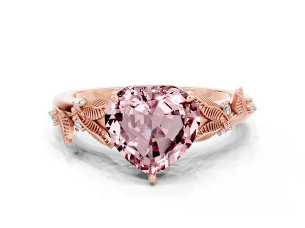 Rose gold Heart Cut Morganite Solitaire Ring with Leaf Motif Band and Four-Prong Setting