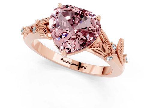 Rose gold Heart Cut Morganite Solitaire Ring with Leaf Motif Band and Four-Prong Setting_1