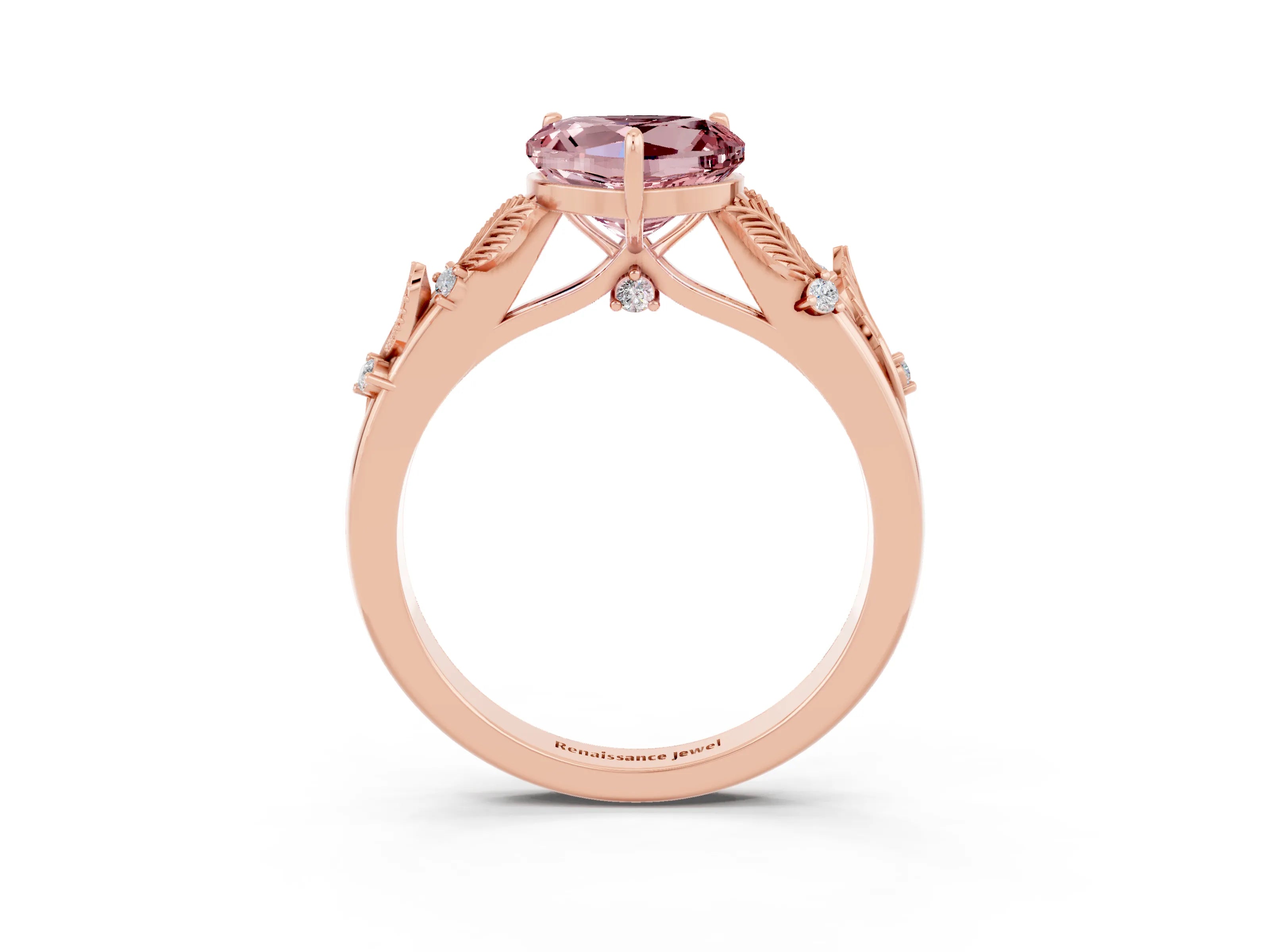 Rose gold Heart Cut Morganite Solitaire Ring with Leaf Motif Band and Four-Prong Setting_3