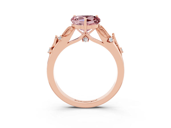 Rose gold Heart Cut Morganite Solitaire Ring with Leaf Motif Band and Four-Prong Setting