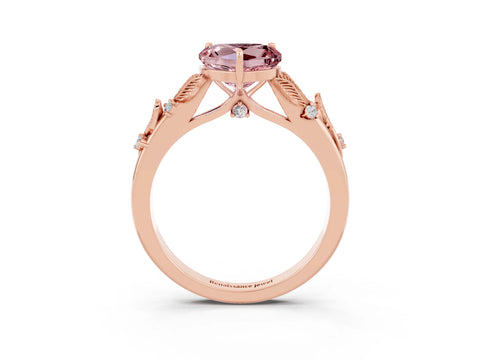 Rose gold Heart Cut Morganite Solitaire Ring with Leaf Motif Band and Four-Prong Setting_3