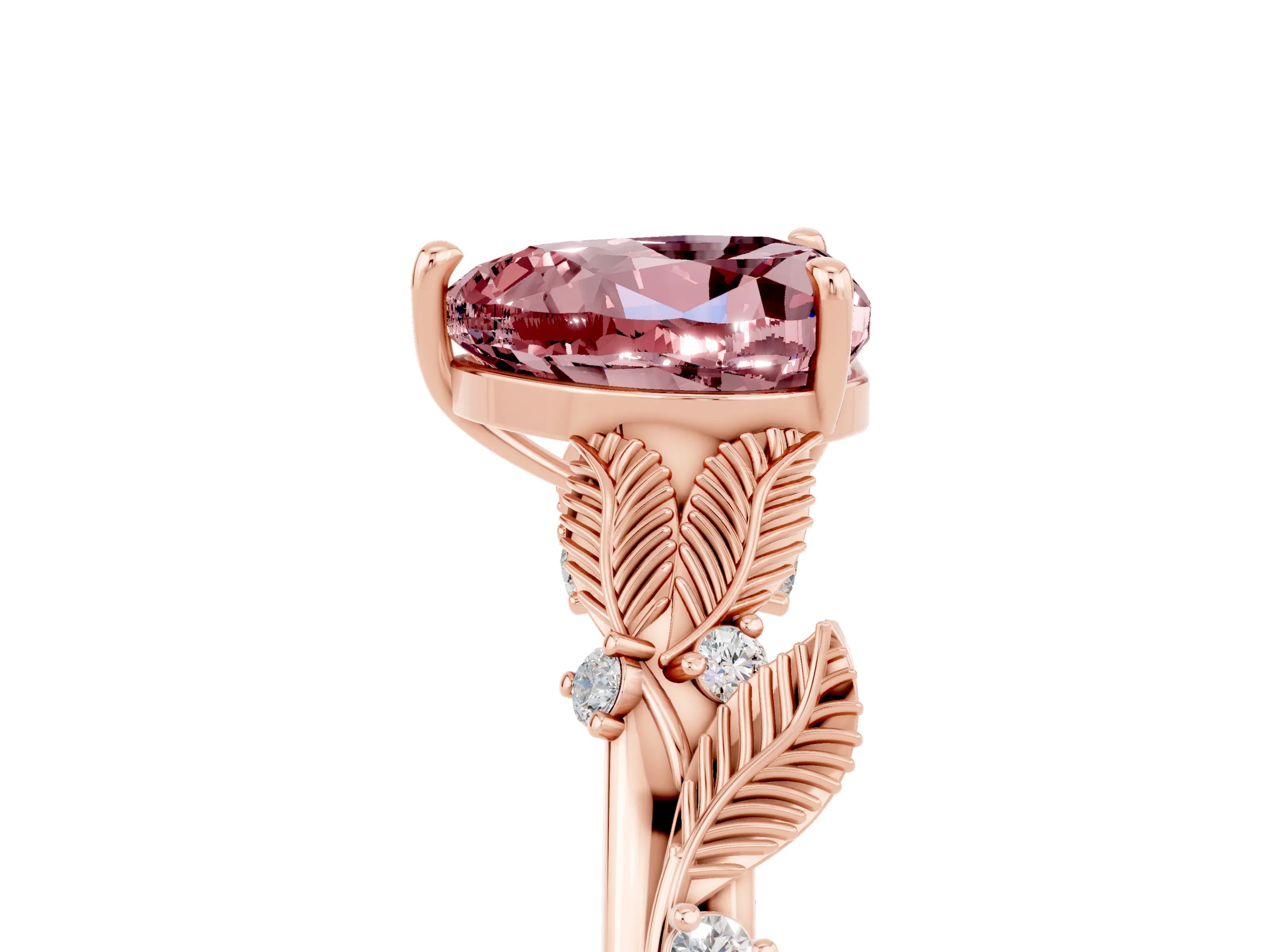 Rose gold Heart Cut Morganite Solitaire Ring with Leaf Motif Band and Four-Prong Setting_5