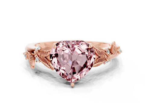 Rose gold Heart Cut Morganite Solitaire Ring with Leaf Motif Band and Four-Prong Setting
