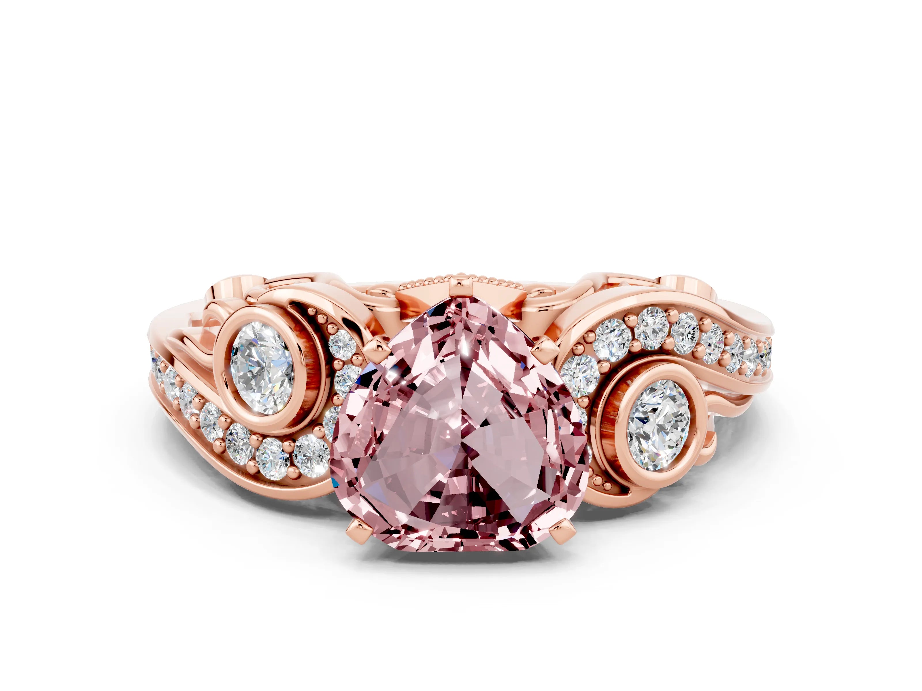 Rose gold Heart Cut Morganite Solitaire Ring with Milgrain Pavé Band and Four-Prong Setting_24