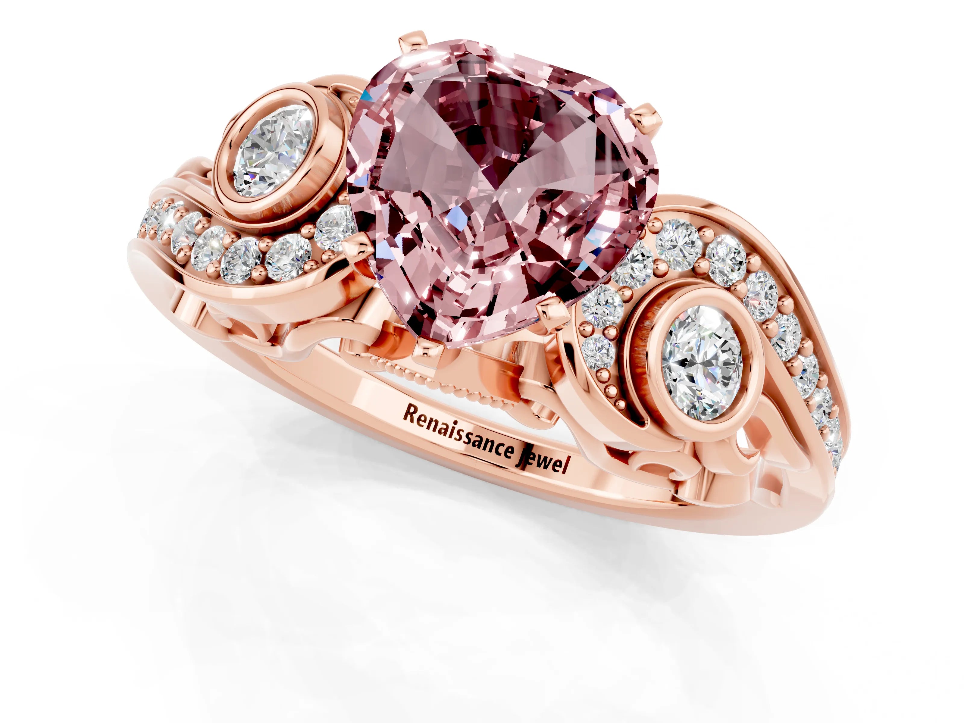 Rose gold Heart Cut Morganite Solitaire Ring with Milgrain Pavé Band and Four-Prong Setting_25