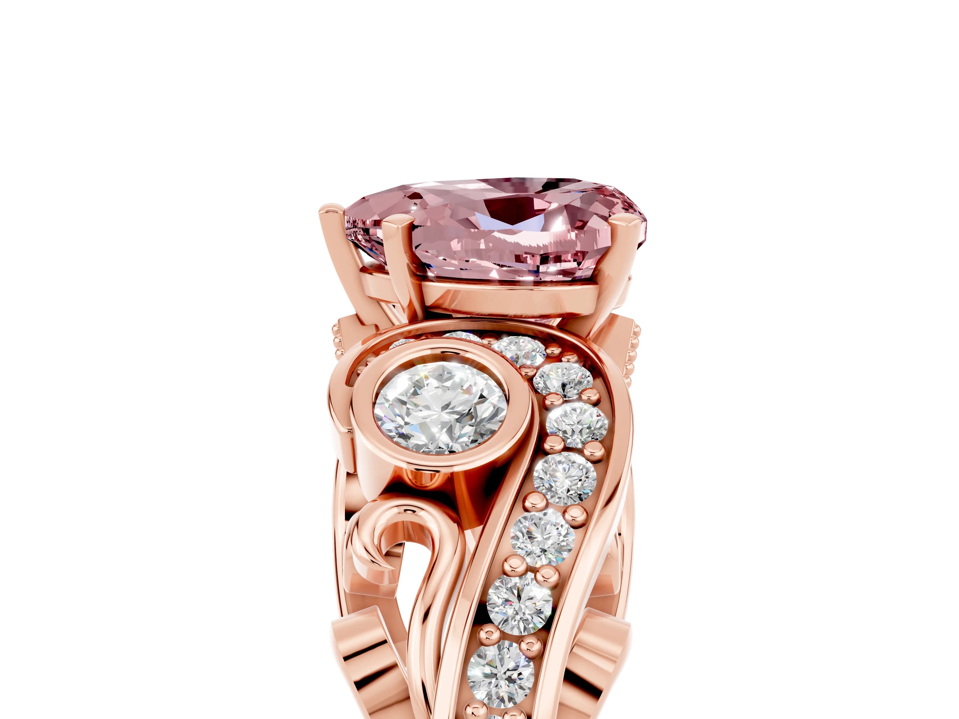 Rose gold Heart Cut Morganite Solitaire Ring with Milgrain Pavé Band and Four-Prong Setting_29