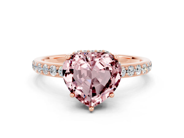 Rose gold Heart Cut Morganite Solitaire Ring with Pavé Band and Hidden Halo