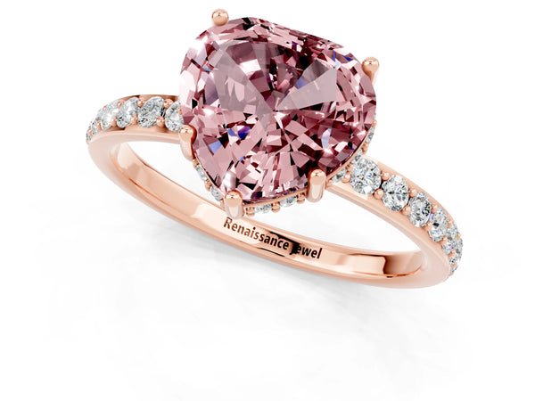 Rose gold Heart Cut Morganite Solitaire Ring with Pavé Band and Hidden Halo