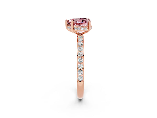 Rose gold Heart Cut Morganite Solitaire Ring with Pavé Band and Hidden Halo