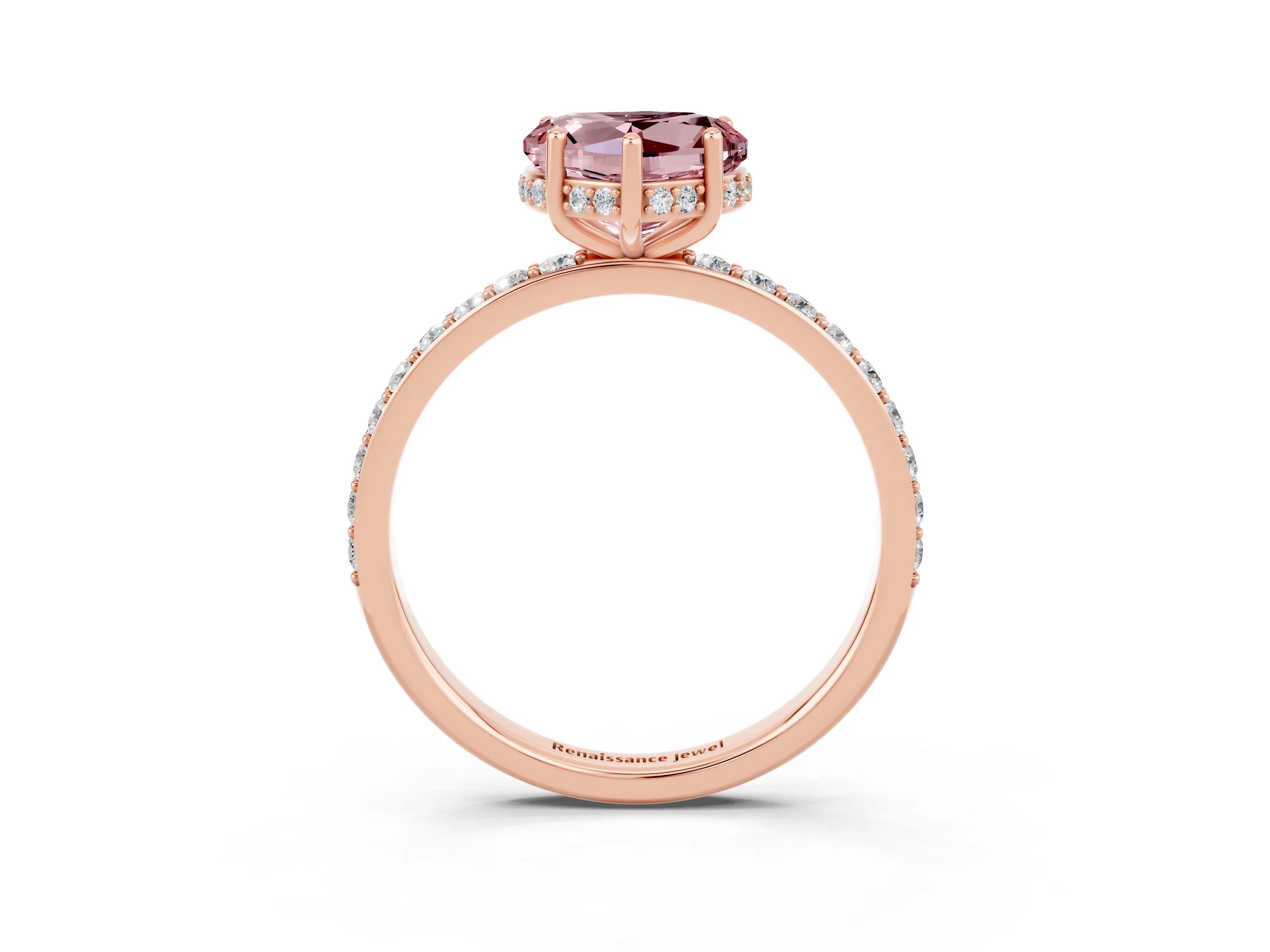 Rose gold Heart Cut Morganite Solitaire Ring with Pavé Band and Hidden Halo_15