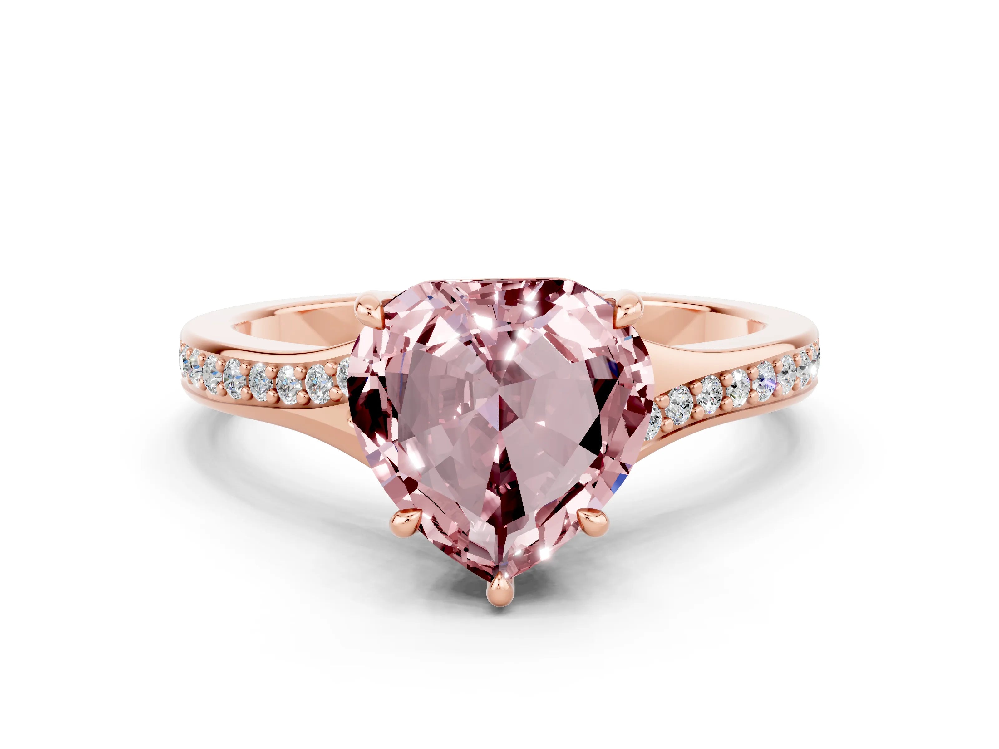 Rose gold Heart Cut Morganite Solitaire Ring with Pavé Band and Prong Setting