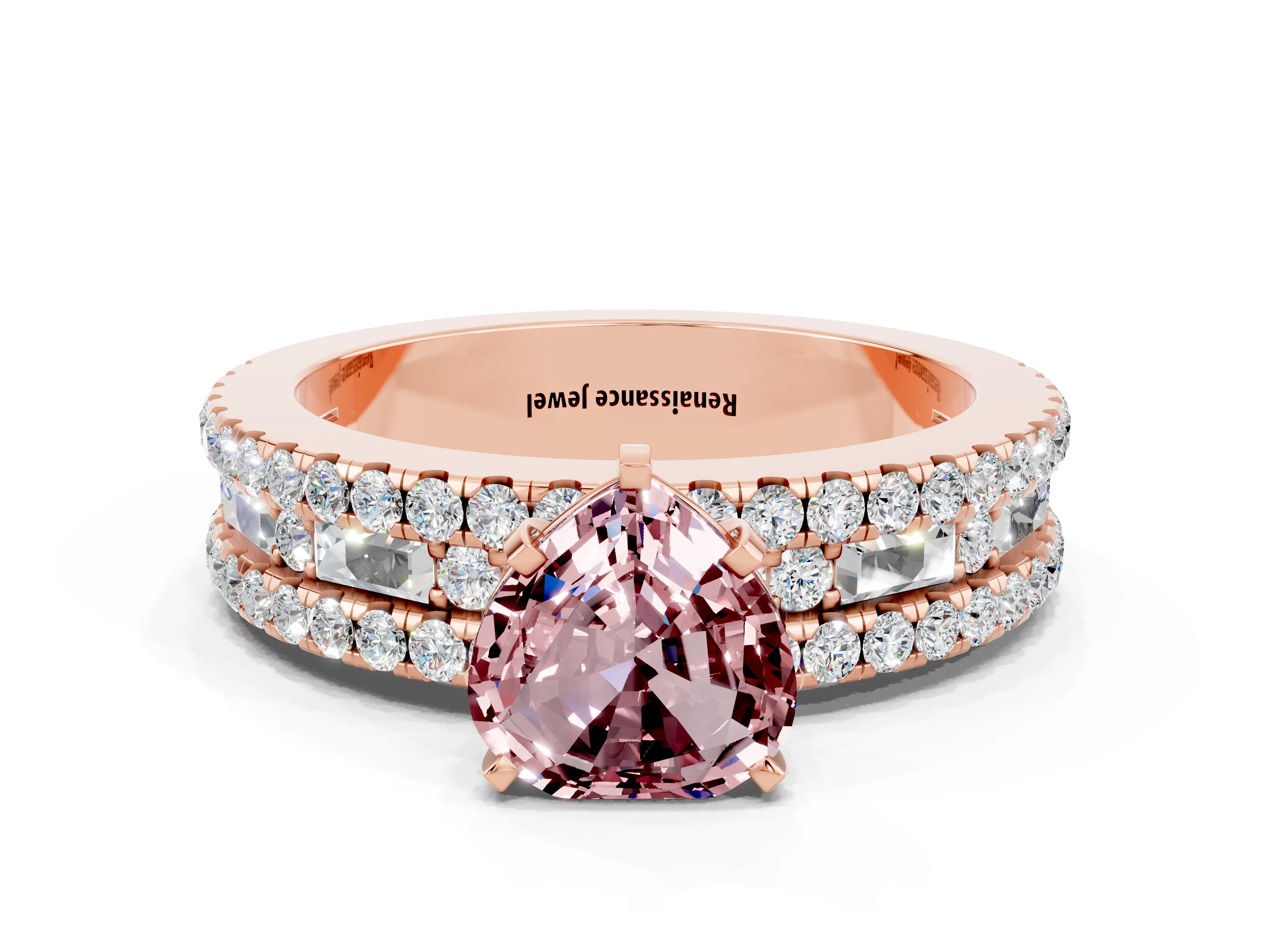Rose gold Heart Cut Morganite Solitaire Ring with Pavé and Channel Set Band