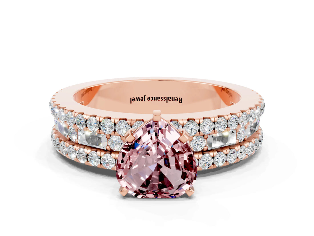 Rose gold Heart Cut Morganite Solitaire Ring with Pavé and Channel Set Band