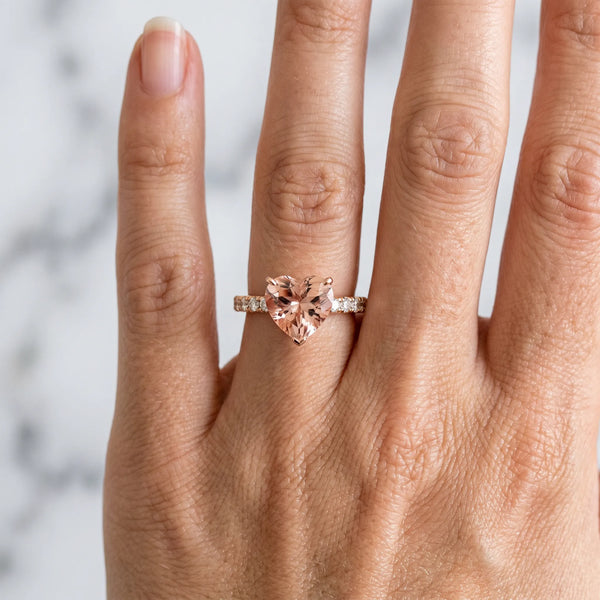 Rose gold Heart Cut Morganite Solitaire Ring with Round  Pavé Band and Four-Prong Setting