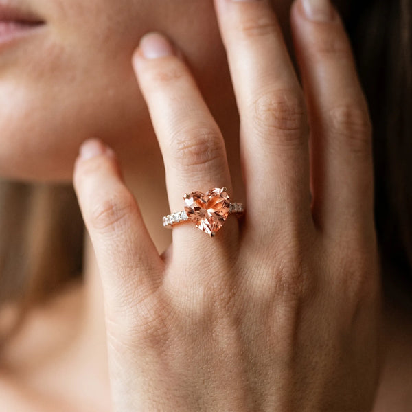 Rose gold Heart Cut Morganite Solitaire Ring with Round  Pavé Band and Four-Prong Setting