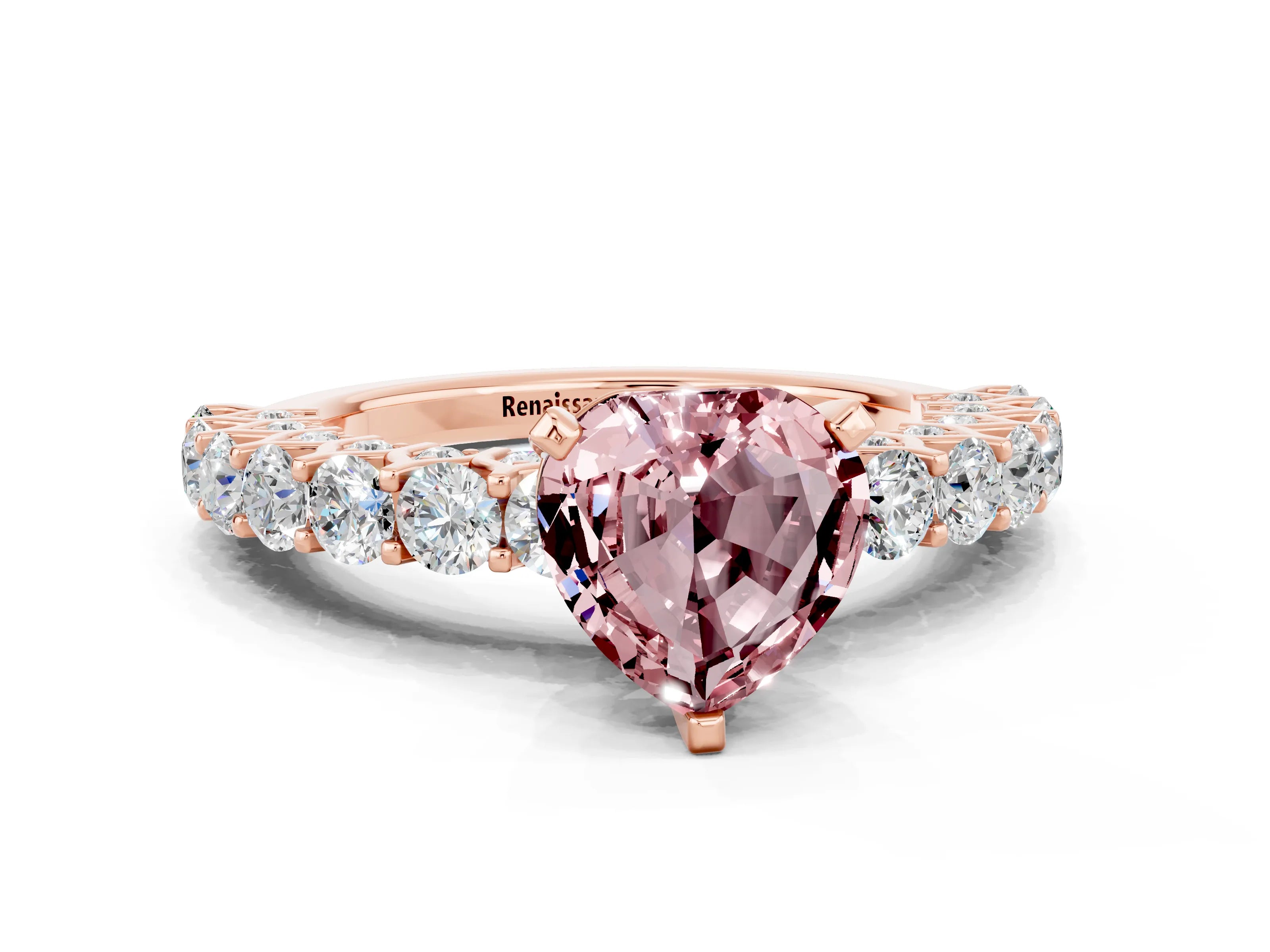 Rose gold Heart Cut Morganite Solitaire Ring with Shared Prong Pavé Band and Four-Prong Setting