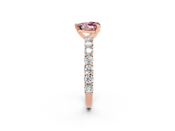 Rose gold Heart Cut Morganite Solitaire Ring with Shared Prong Pavé Band and Four-Prong Setting