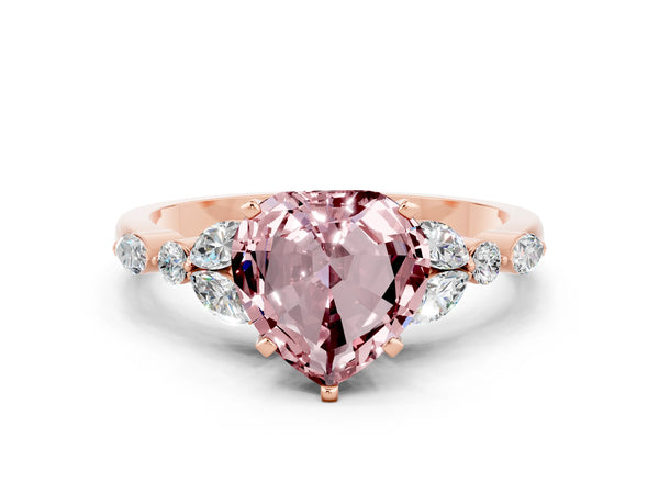 Rose gold Heart Cut Morganite Solitaire Ring with Side Stones and Four-Prong Setting