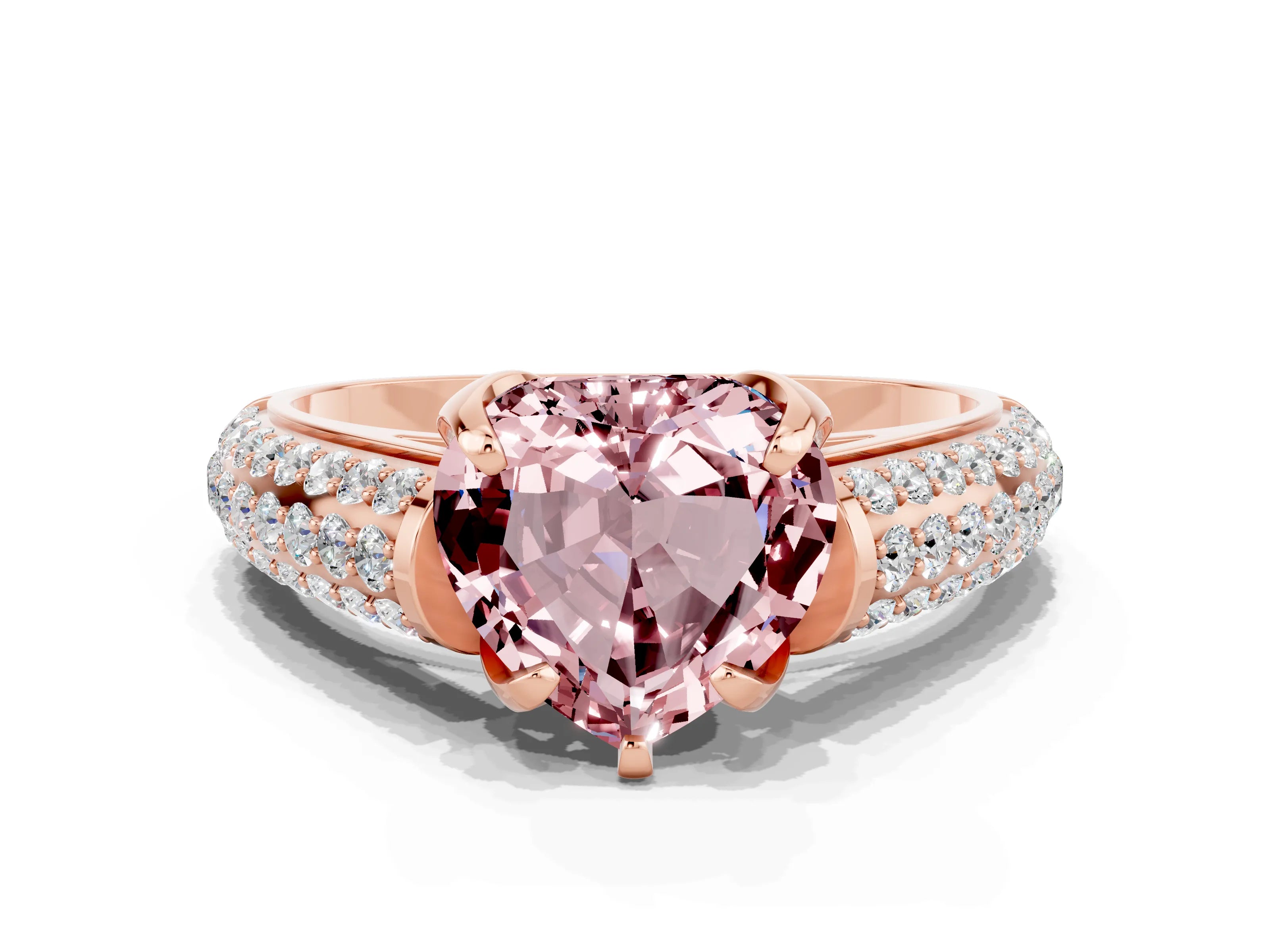 Rose gold Heart Cut Morganite Solitaire Ring with Three-Row Pavé Band and Four-Prong Setting_12