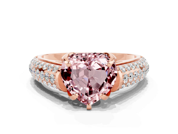 Rose gold Heart Cut Morganite Solitaire Ring with Three-Row Pavé Band and Four-Prong Setting