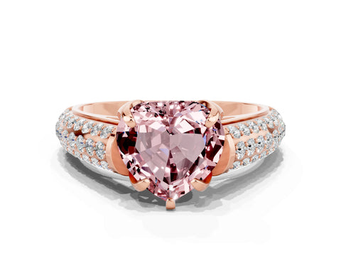 Rose gold Heart Cut Morganite Solitaire Ring with Three-Row Pavé Band and Four-Prong Setting_12