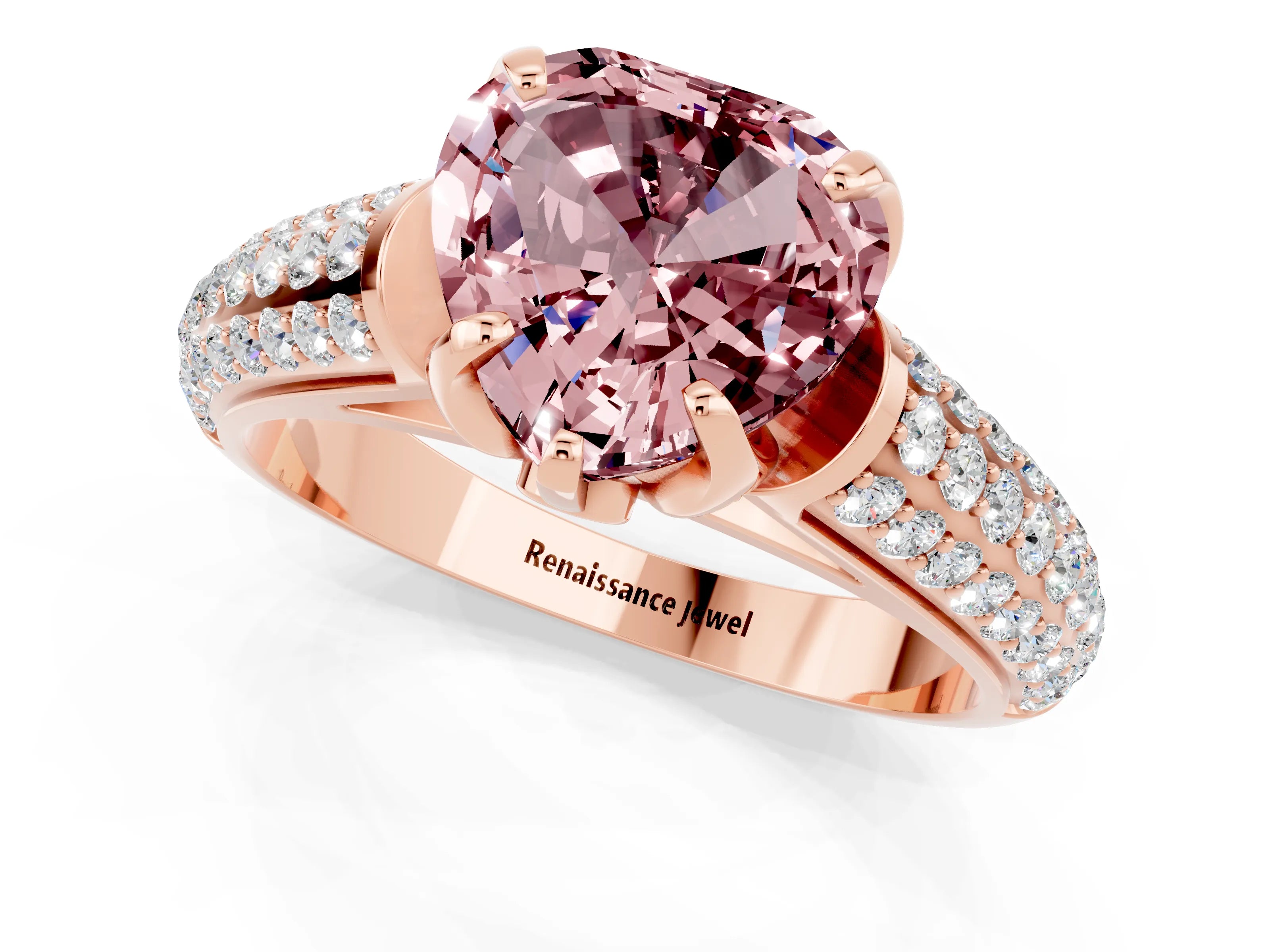 Rose gold Heart Cut Morganite Solitaire Ring with Three-Row Pavé Band and Four-Prong Setting_13