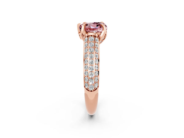 Rose gold Heart Cut Morganite Solitaire Ring with Three-Row Pavé Band and Four-Prong Setting