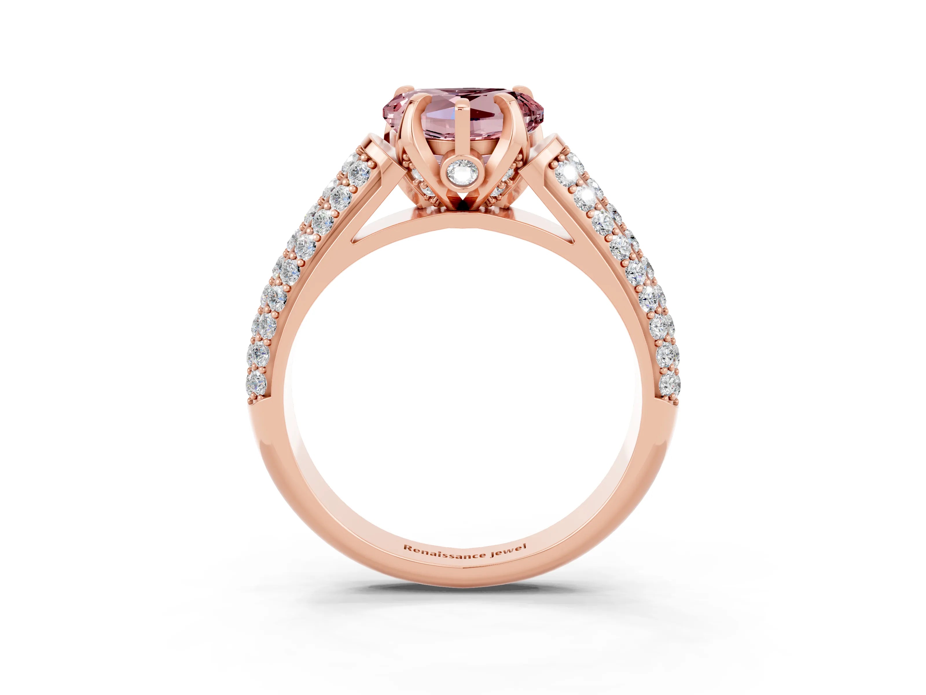 Rose gold Heart Cut Morganite Solitaire Ring with Three-Row Pavé Band and Four-Prong Setting_15