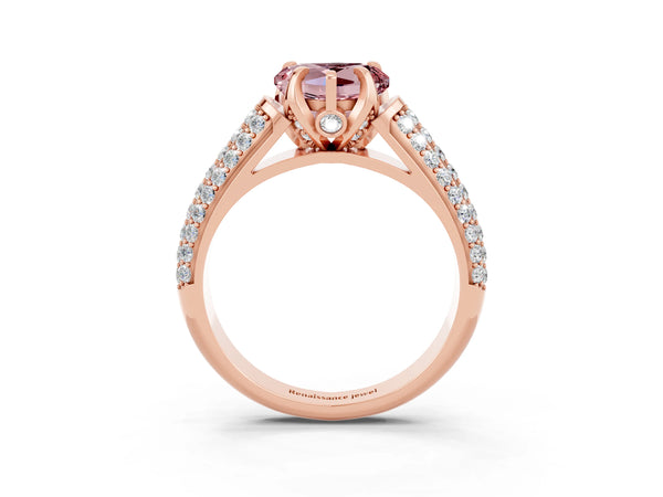 Rose gold Heart Cut Morganite Solitaire Ring with Three-Row Pavé Band and Four-Prong Setting