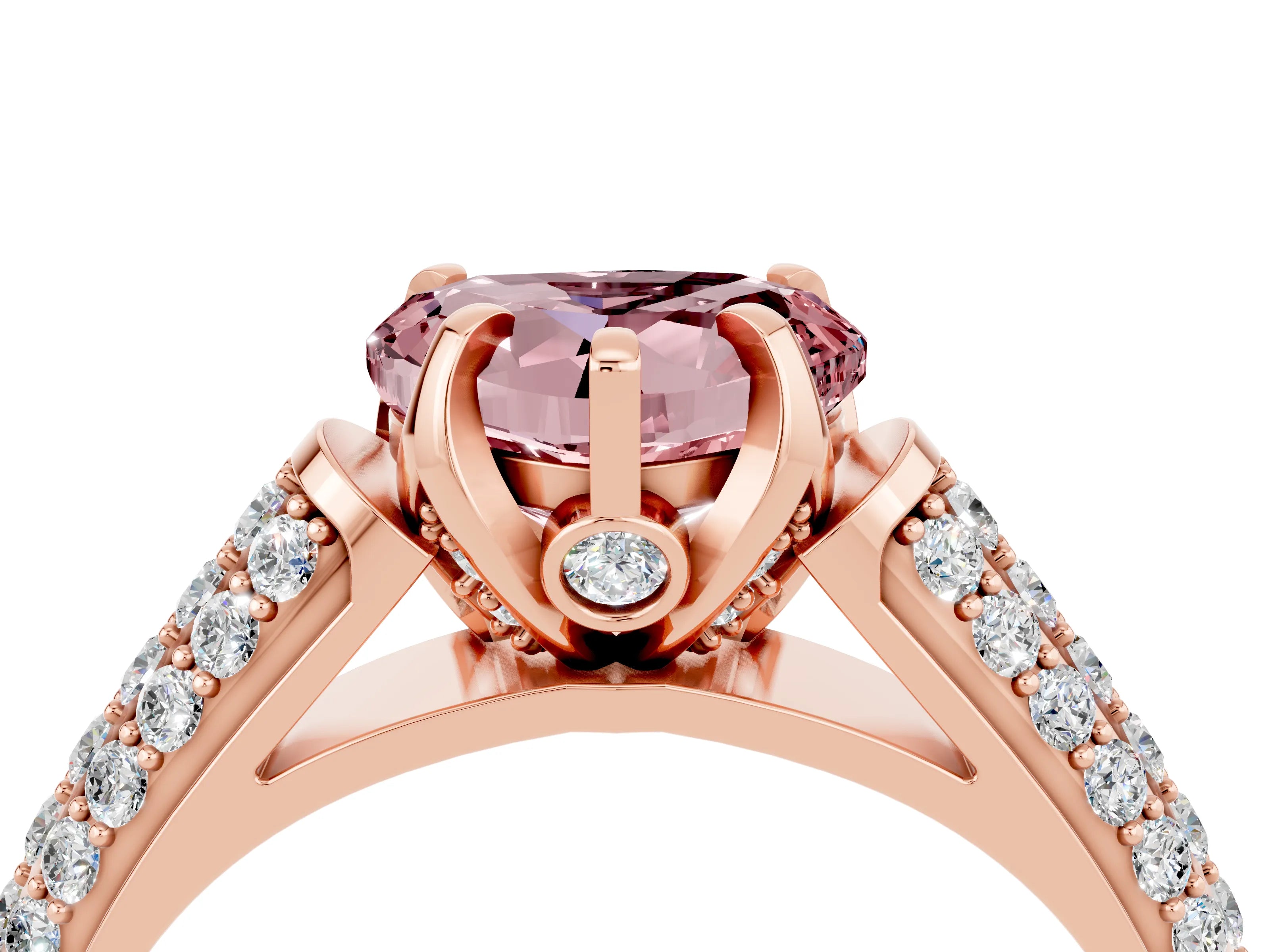 Rose gold Heart Cut Morganite Solitaire Ring with Three-Row Pavé Band and Four-Prong Setting_16