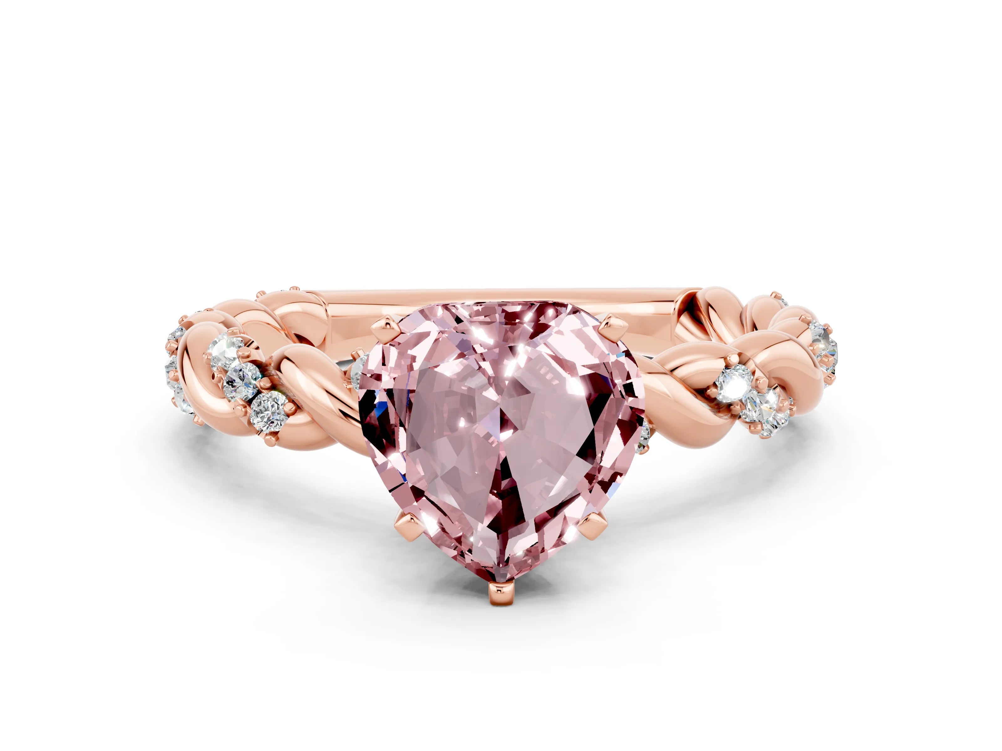 Rose gold Heart Cut Morganite Solitaire Ring with Twisted Band and Pavé Accents