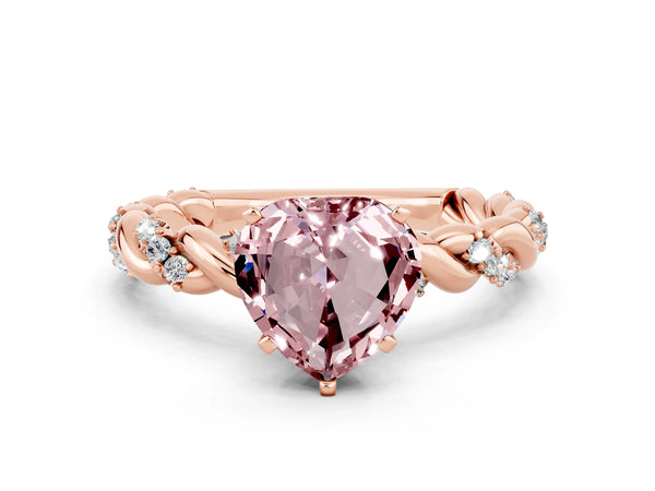 Rose gold Heart Cut Morganite Solitaire Ring with Twisted Band and Pavé Accents