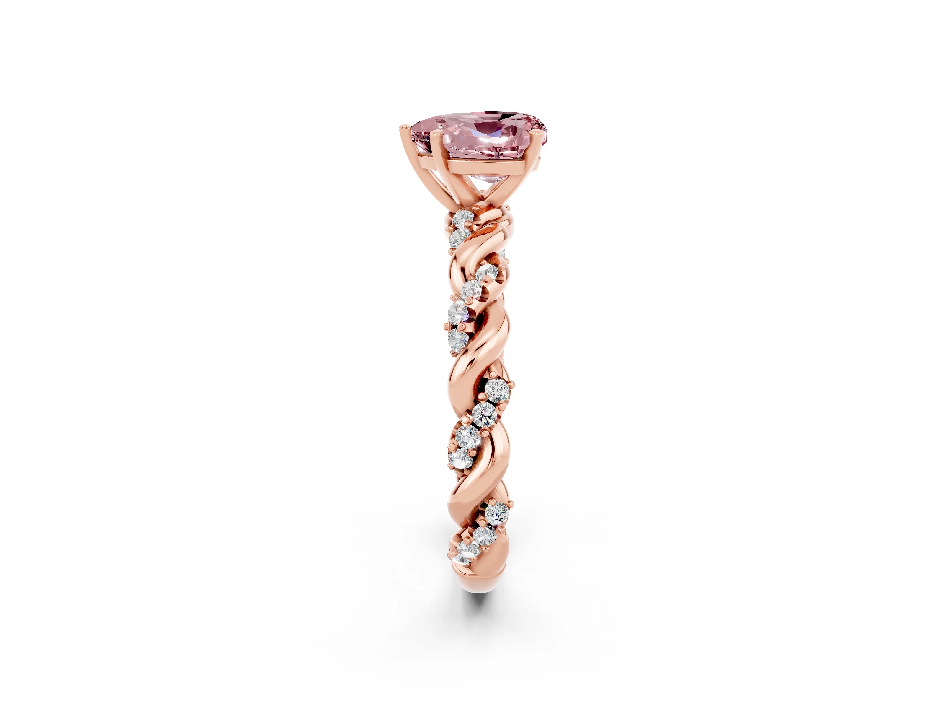 Rose gold Heart Cut Morganite Solitaire Ring with Twisted Band and Pavé Accents_2