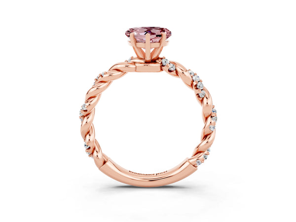 Rose gold Heart Cut Morganite Solitaire Ring with Twisted Band and Pavé Accents