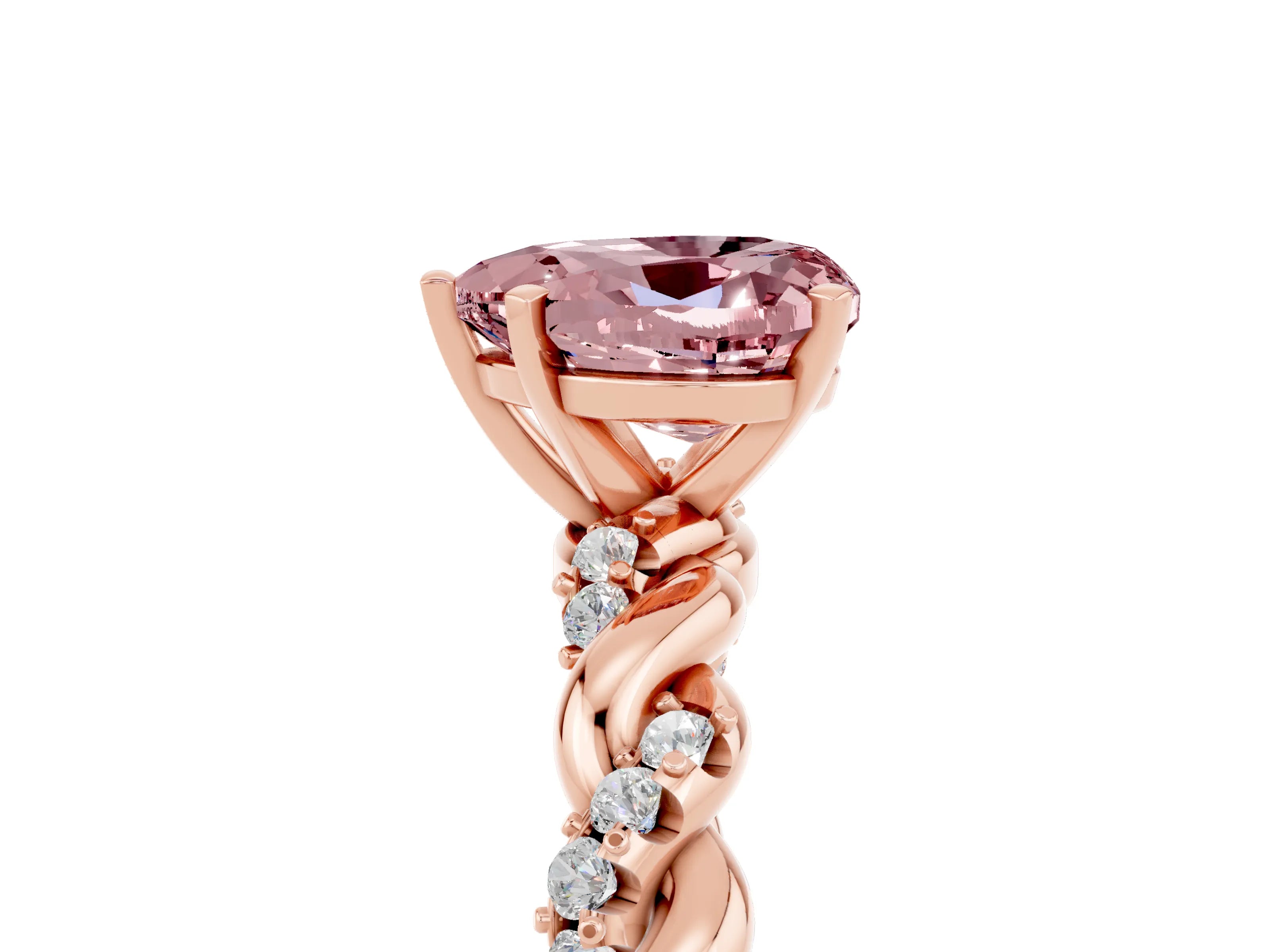 Rose gold Heart Cut Morganite Solitaire Ring with Twisted Band and Pavé Accents_5