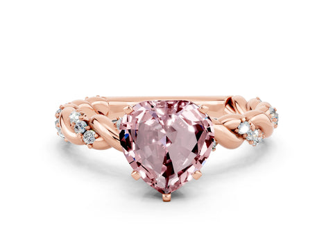 Rose gold Heart Cut Morganite Solitaire Ring with Twisted Band and Pavé Accents