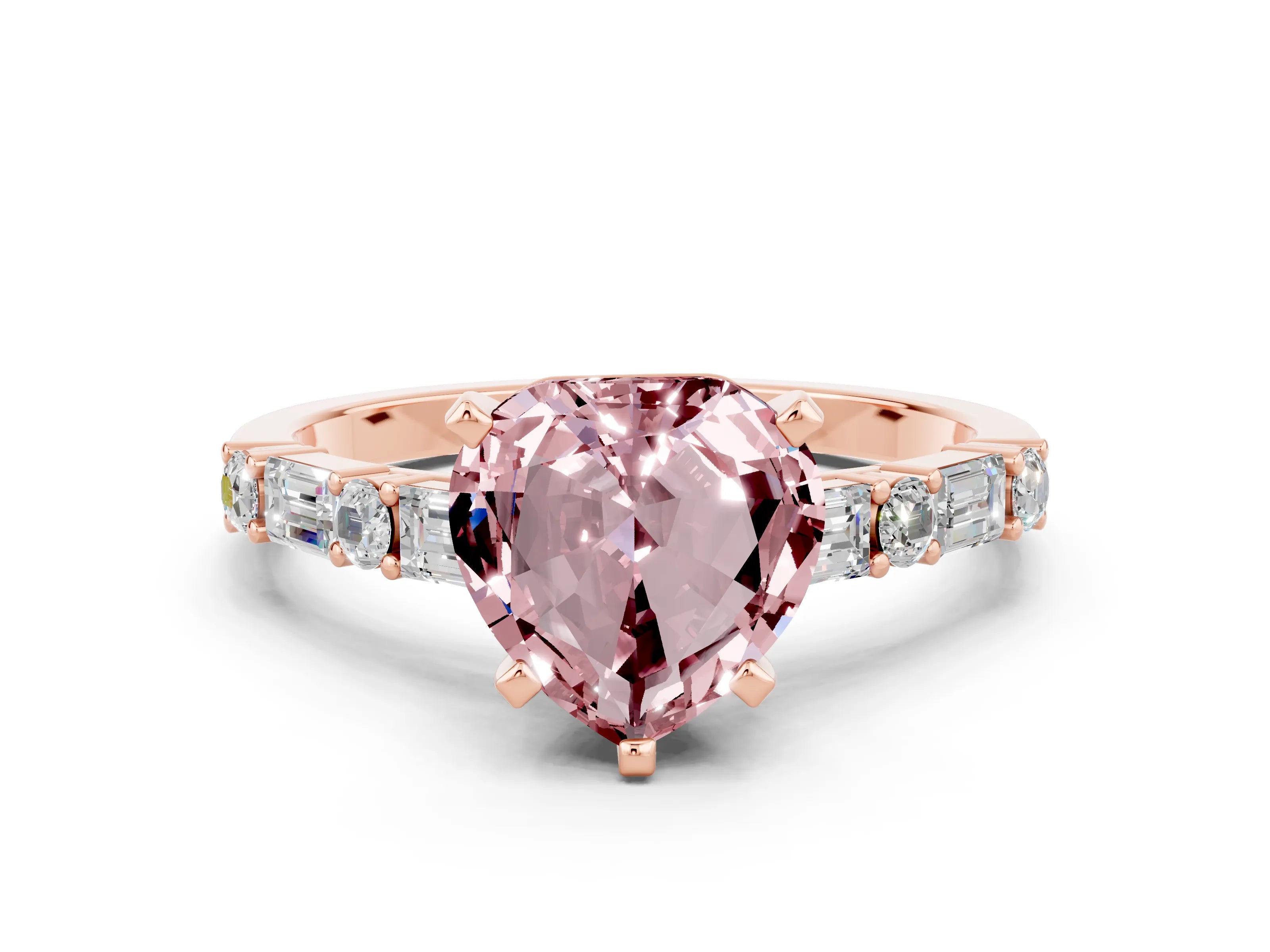 Rose gold Heart Cut Morganite Solitaire with Side Baguettes and Channel Set Band