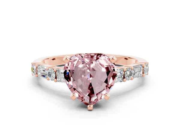 Rose gold Heart Cut Morganite Solitaire with Side Baguettes and Channel Set Band