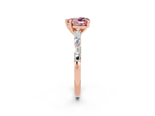 Rose gold Heart Cut Morganite Solitaire with Side Baguettes and Channel Set Band