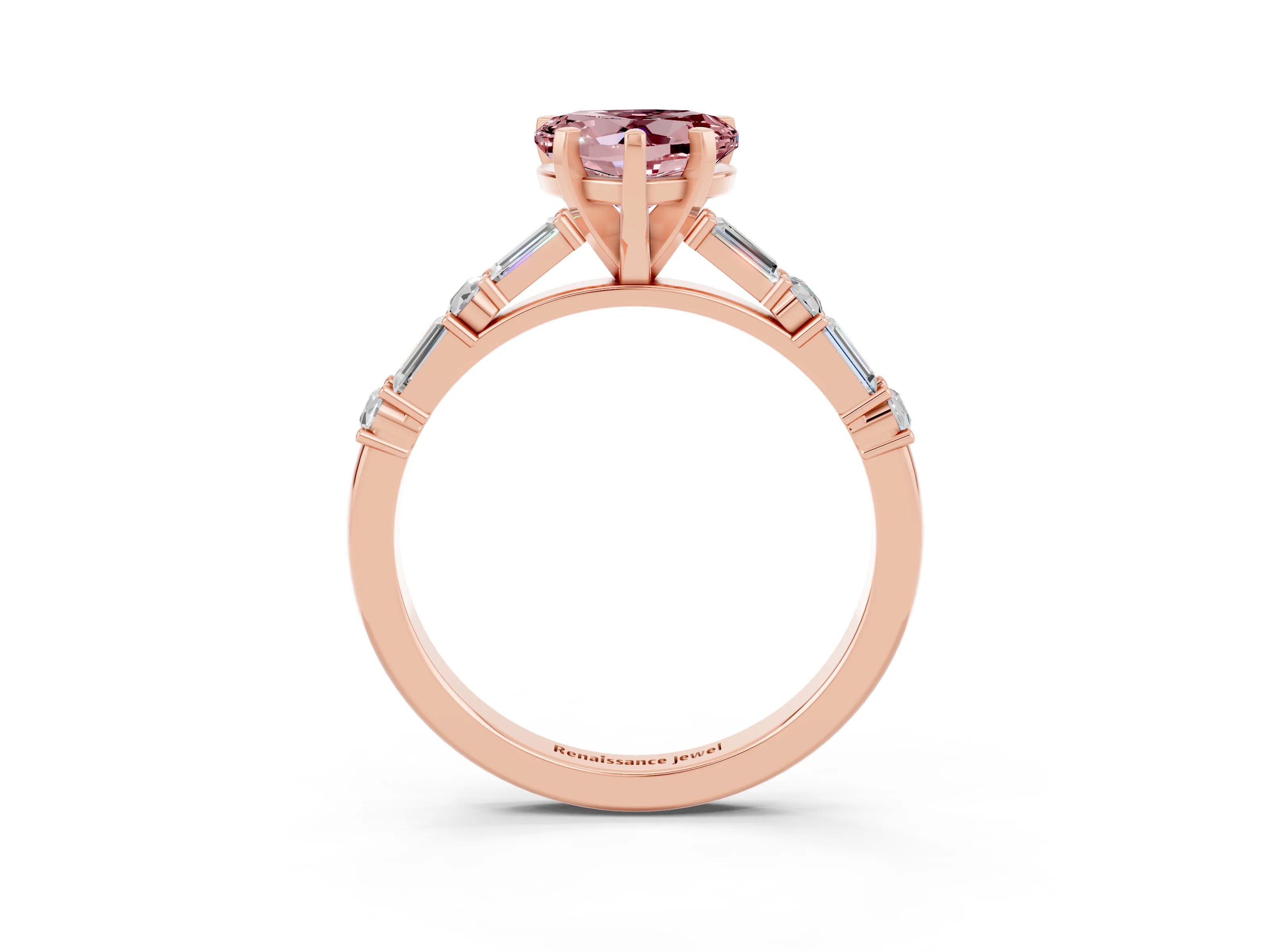Rose gold Heart Cut Morganite Solitaire with Side Baguettes and Channel Set Band_3