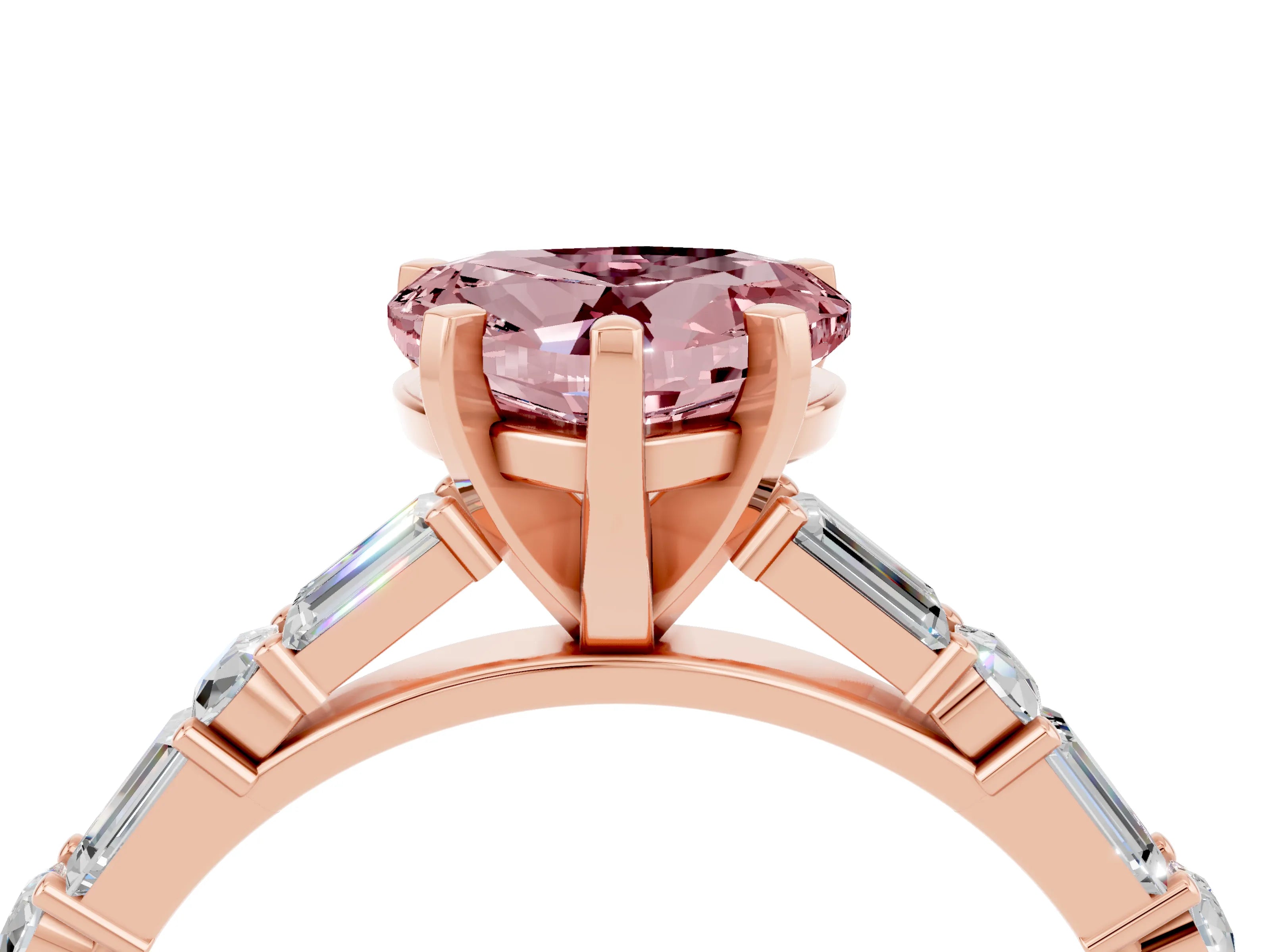 Rose gold Heart Cut Morganite Solitaire with Side Baguettes and Channel Set Band_4