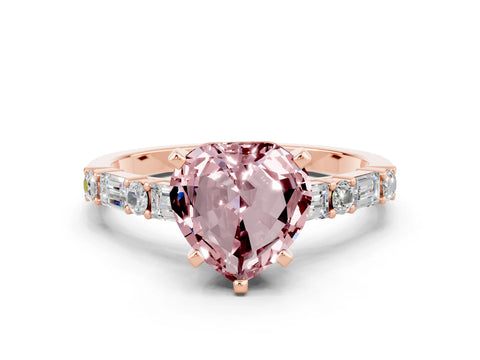 Rose gold Heart Cut Morganite Solitaire with Side Baguettes and Channel Set Band