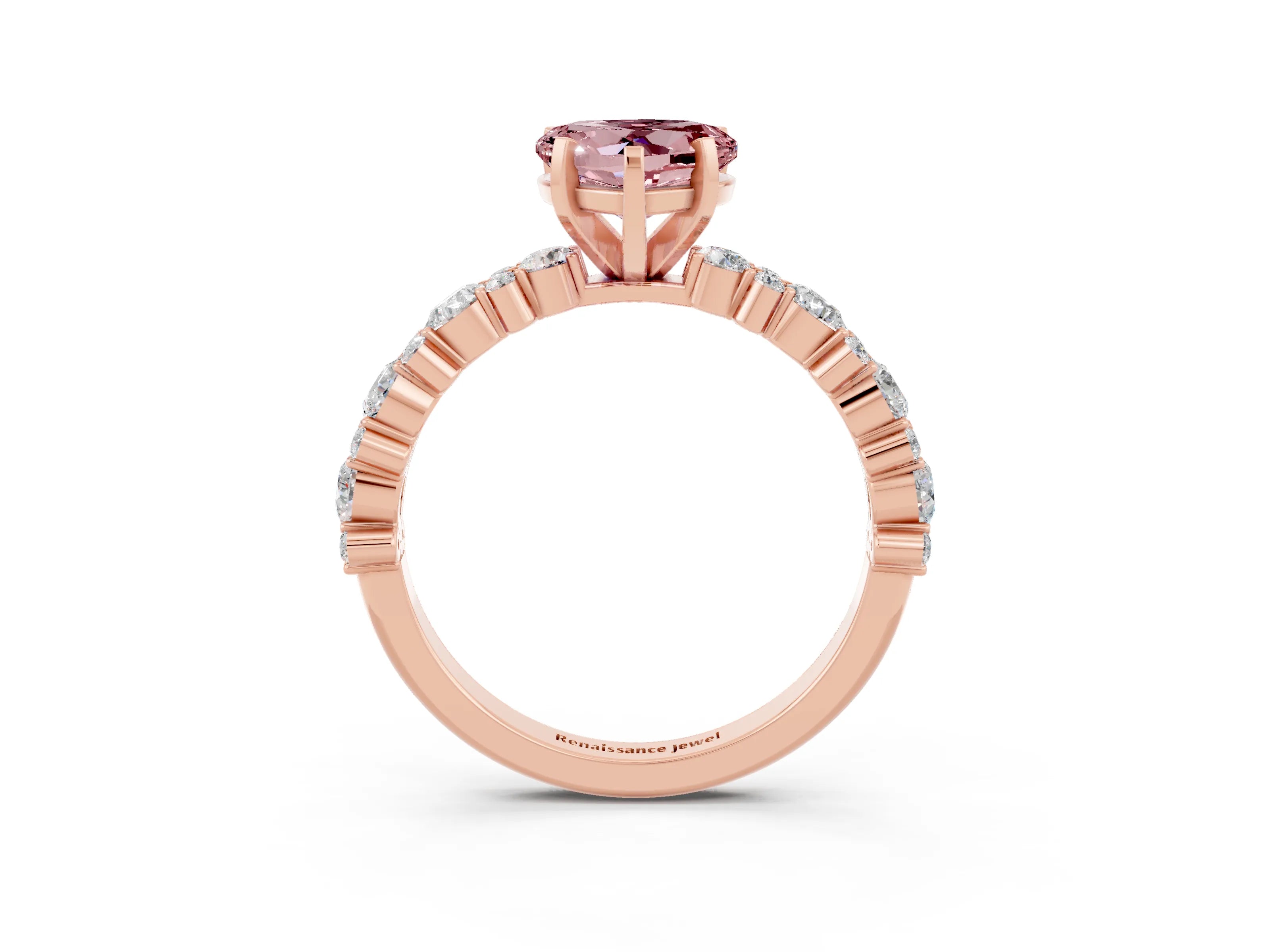 Rose gold Heart Cut Morganite Solitaire with Side Stones, Pave Band, Four-Prong Setting_39