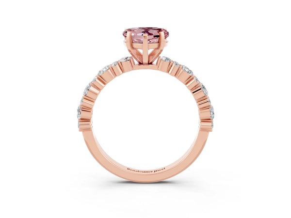 Rose gold Heart Cut Morganite Side Stone Solitaire Ring with Round  and Four-Prong Setting