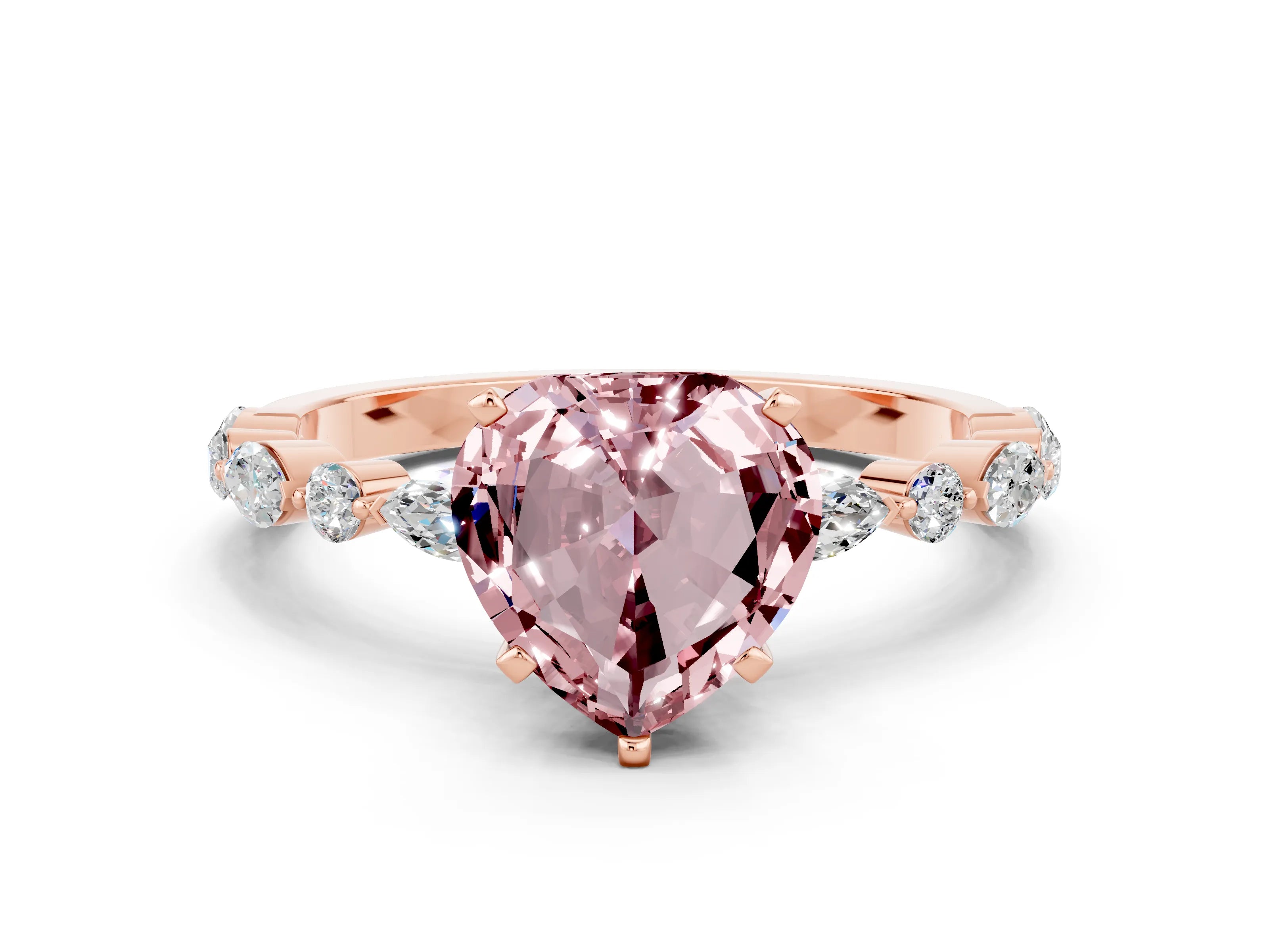 Rose gold Heart Cut Morganite Solitaire with Side Stones on a Pavé Band and Four-Prong Setting